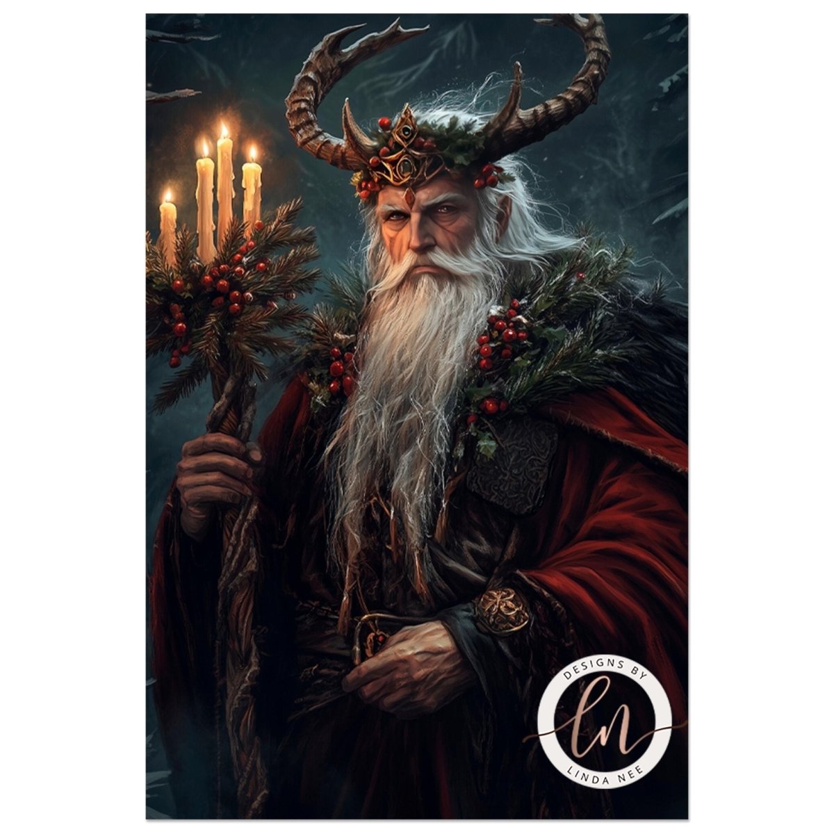 Crowned Holly King in red robes holding a lit candle among berries and greenery