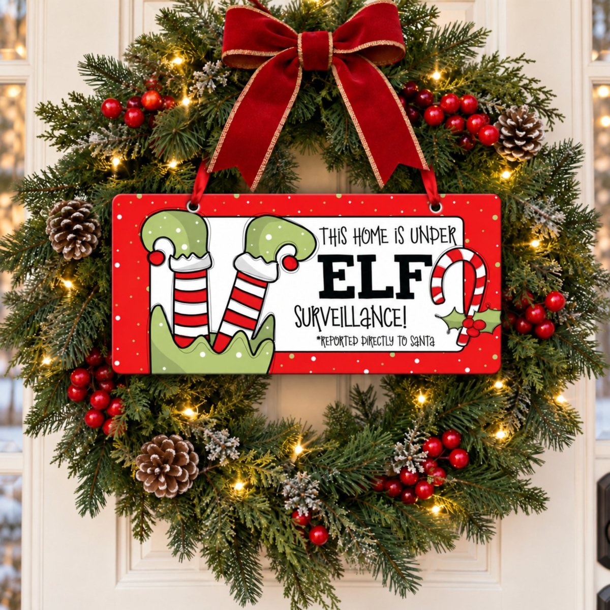 Elf Surveillance Christmas sign centered in a door wreath