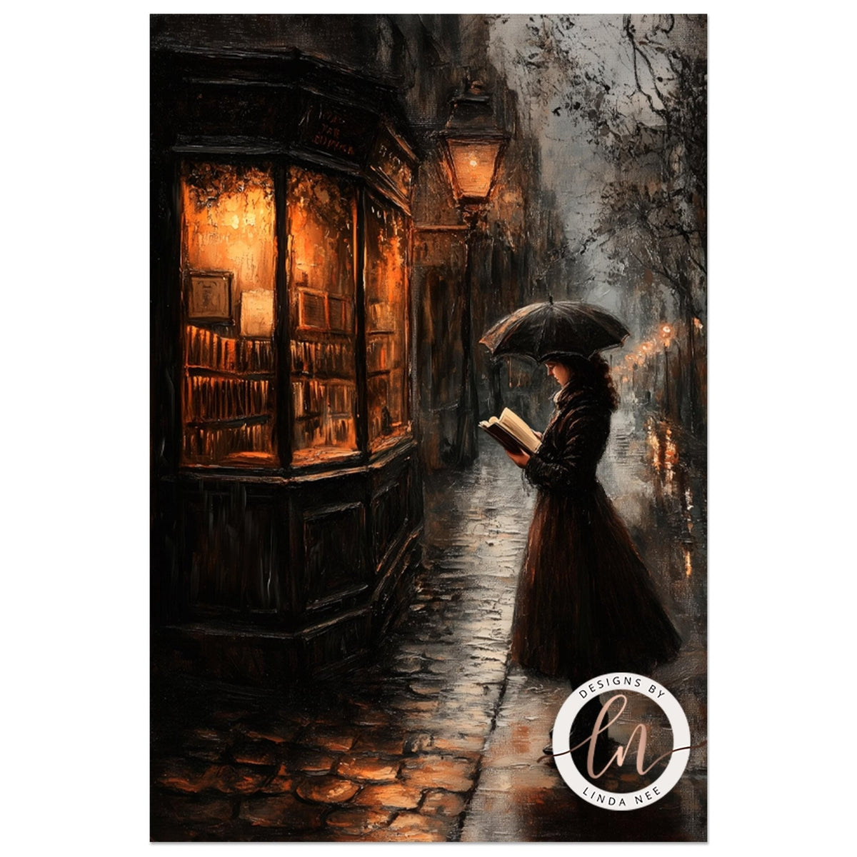 Woman with umbrella reading beside a lantern lit bookshop window