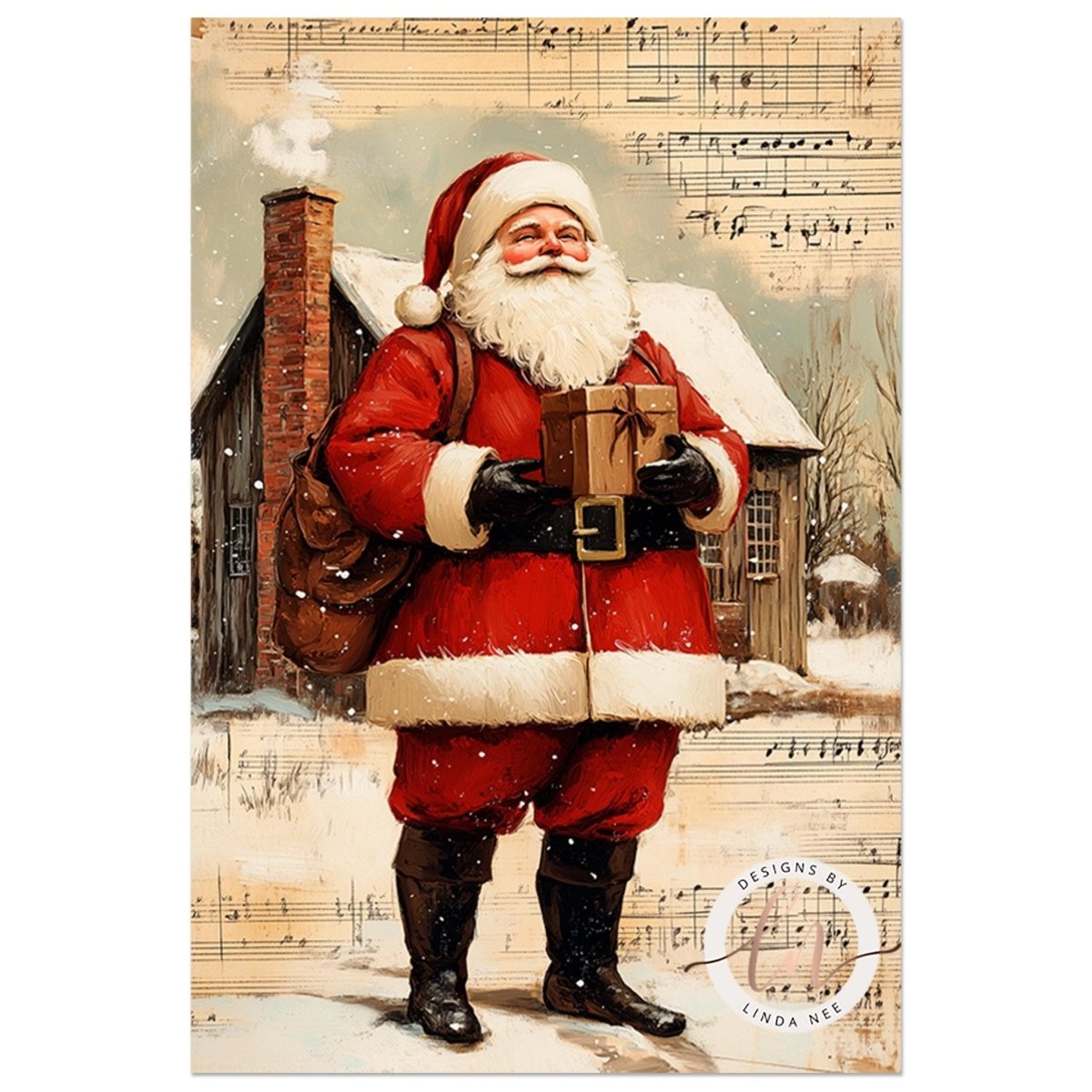Vintage illustration of Santa holding a gift box outside a snowy cabin