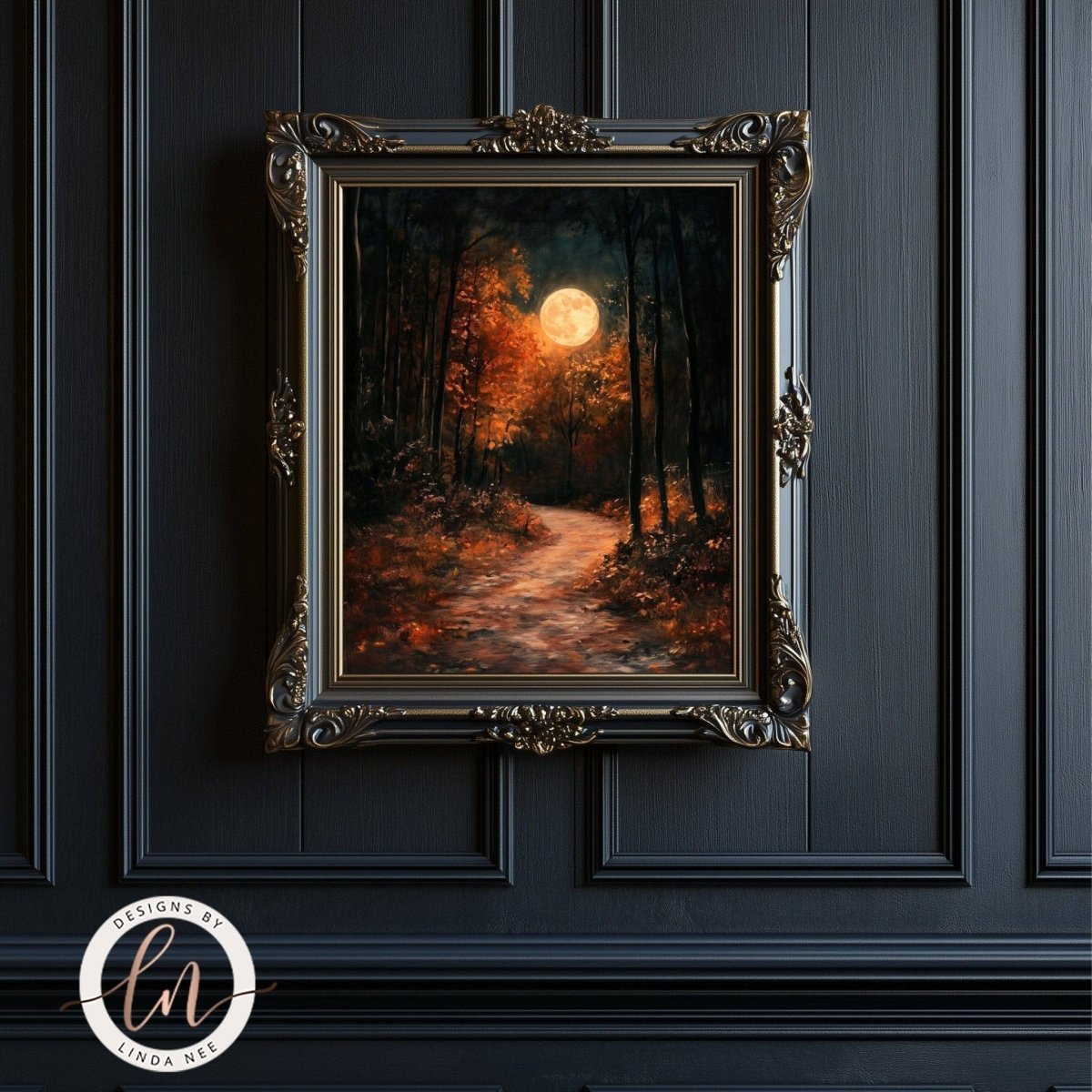 Autumn forest path with a deep golden moon in the background