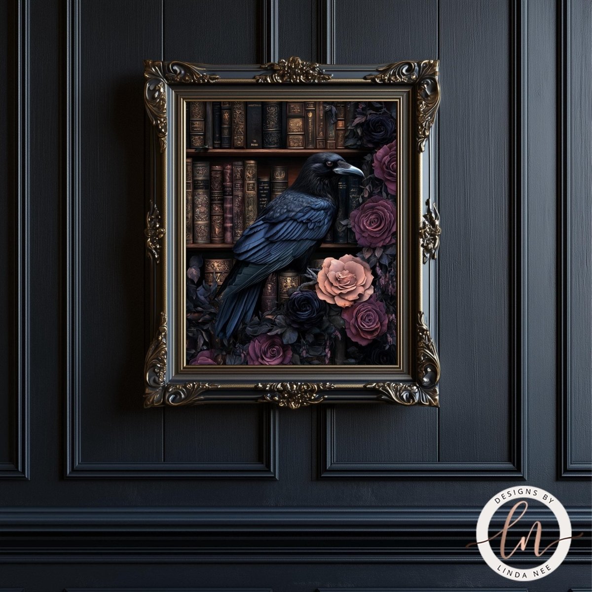 A framed image of a black crow perched on a bookshelf filled with books and flowers.