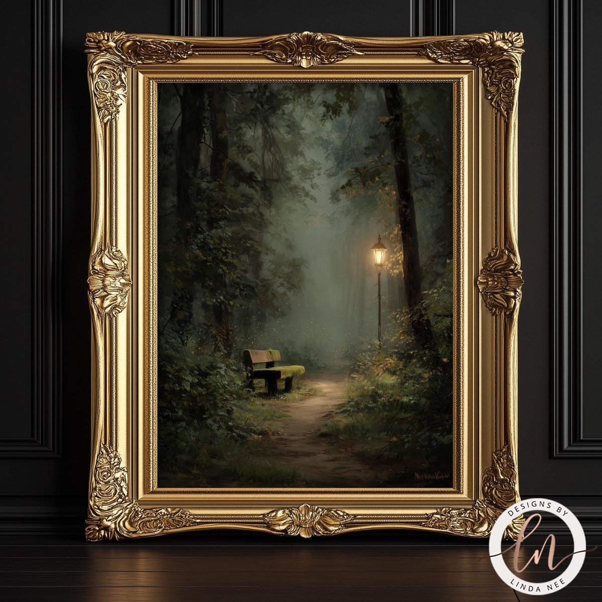 The image is a painting of a bench in a forest, with a path leading to it and a lamp post in the background, all framed in an ornate gold frame.