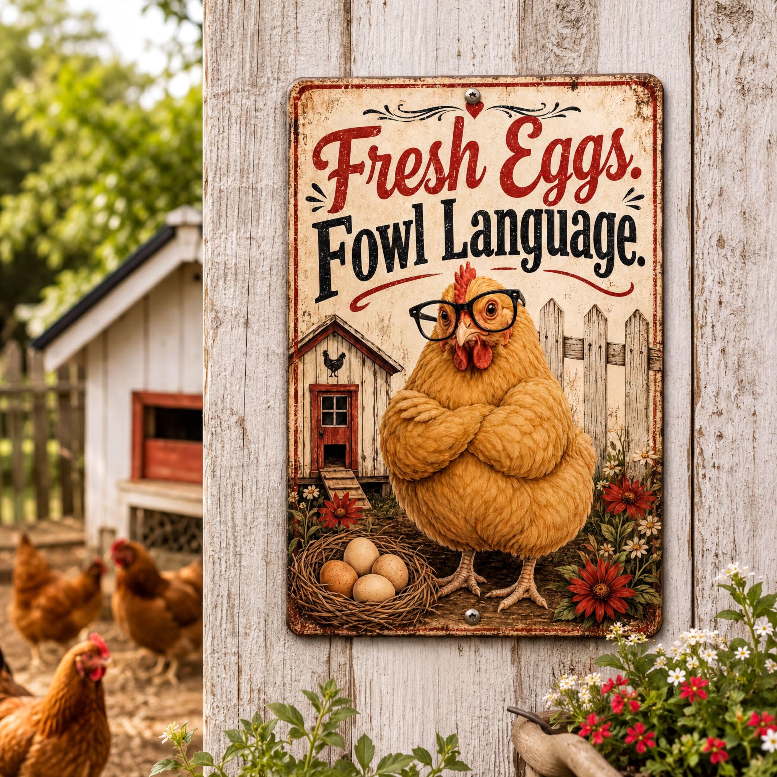 A metal sign with a chicken wearing glasses and surrounded by flowers, with a barn in the background.