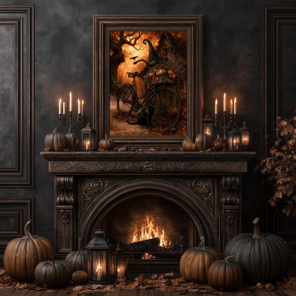 Fireplace decorated with pumpkins and candles beneath the autumn bicycle wall art