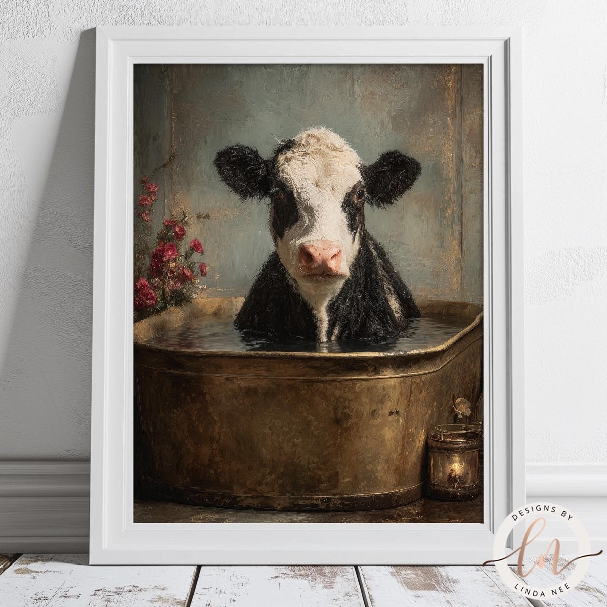 A black and white cow is sitting in a metal tub filled with water, surrounded by pink flowers.