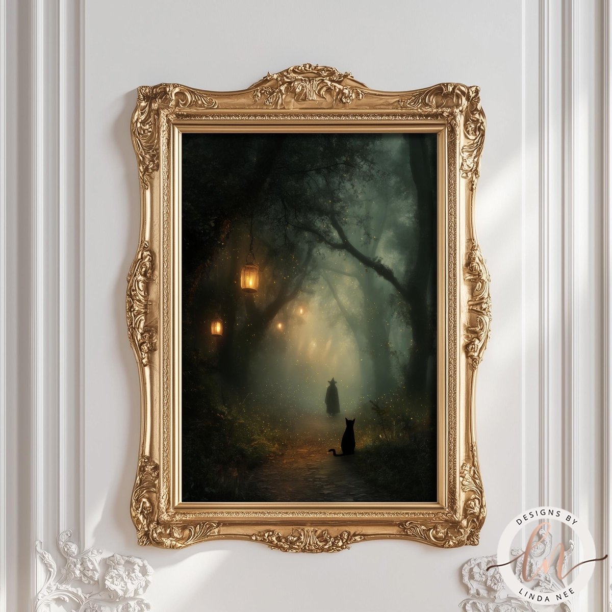 A framed painting depicting a serene forest scene with a black cat sitting on a path, surrounded by trees and a misty atmosphere.