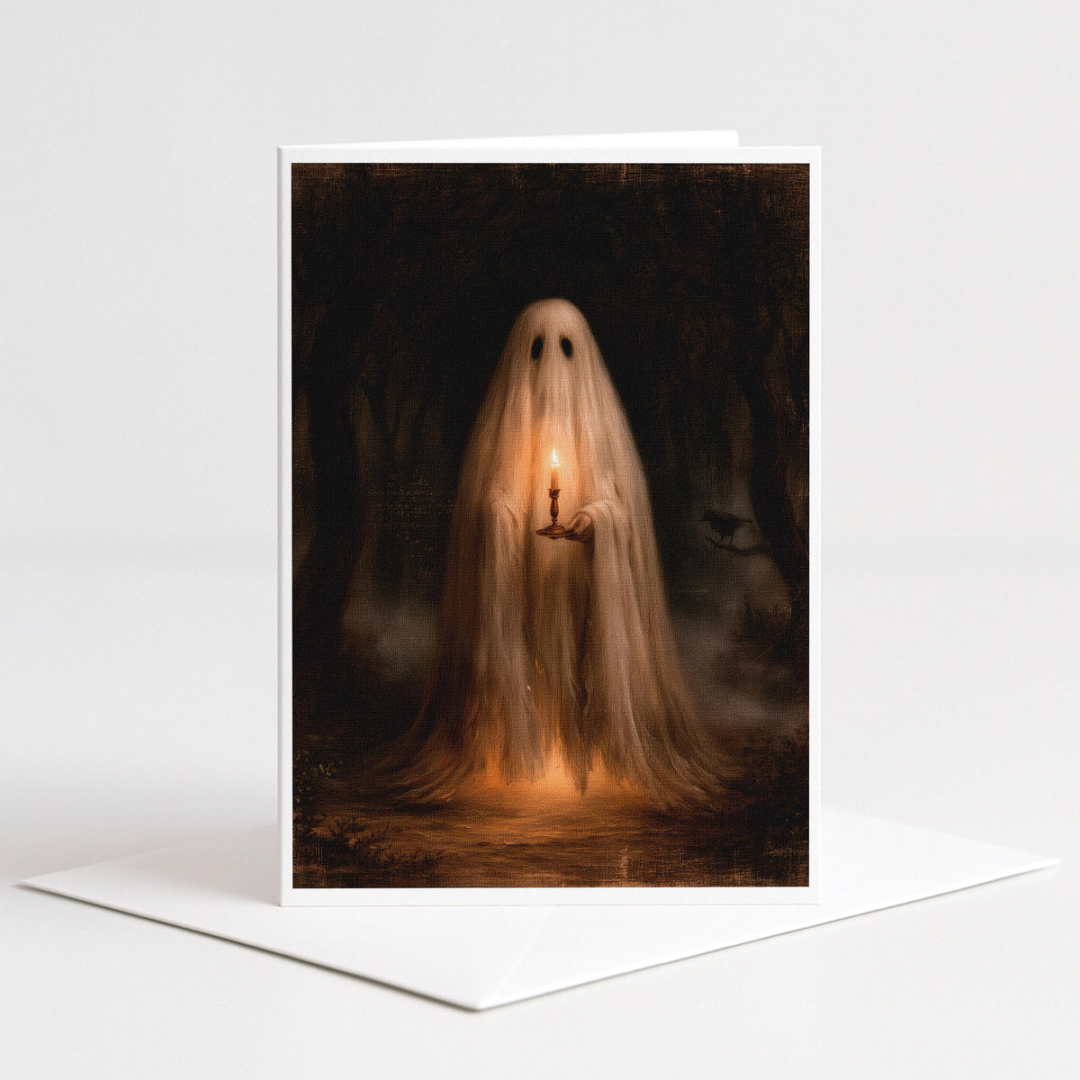Ghost holding a single lit candle in misty dark woods on a 5x7 blank note card by Designs by Linda Nee