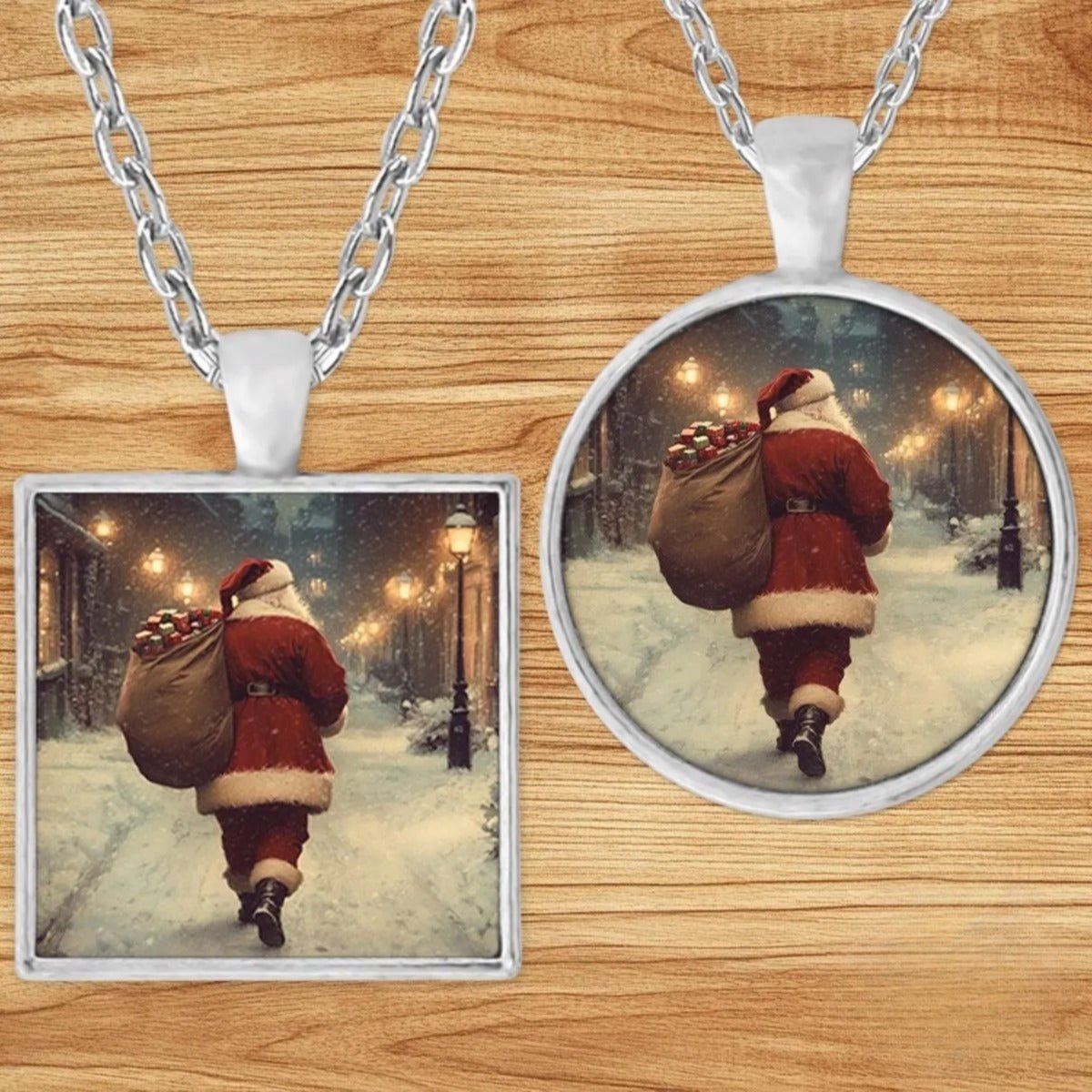 Vintage Santa Claus pendant necklace shown in round and square silver charm styles on a wood background