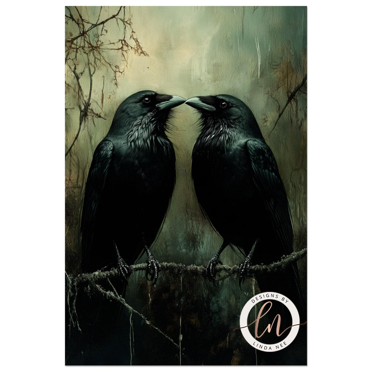 two black birds perched on a branch, facing each other and appearing to be in a close, intimate interaction.