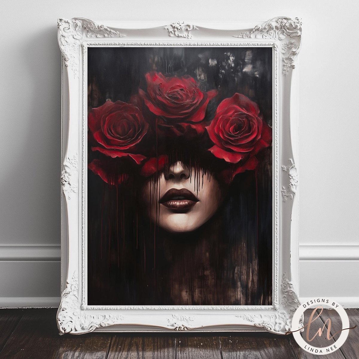 The image is a framed artwork depicting a woman's face partially obscured by three large red roses.