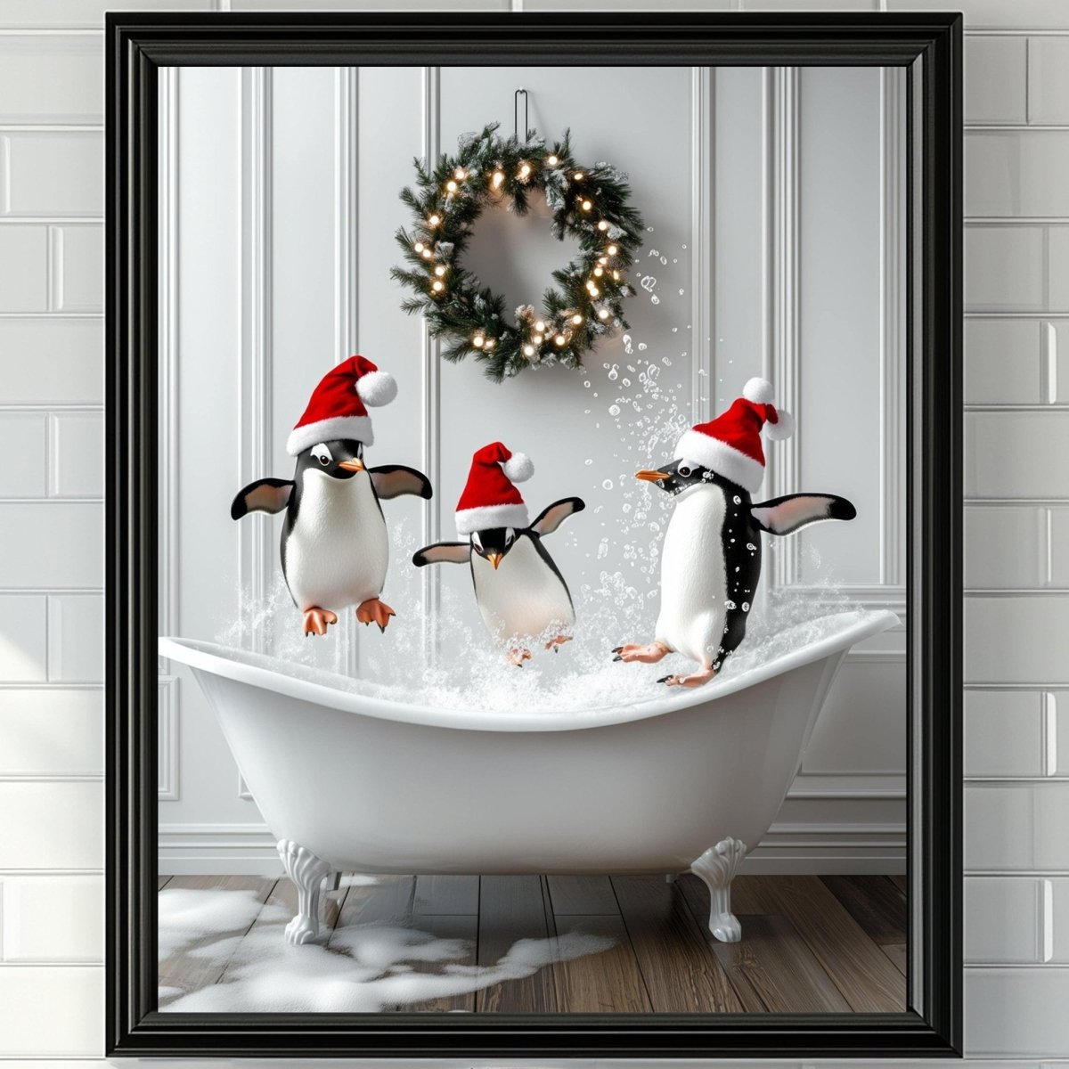 Three penguins in red Santa hats standing in a bathtub below a Christmas wreath