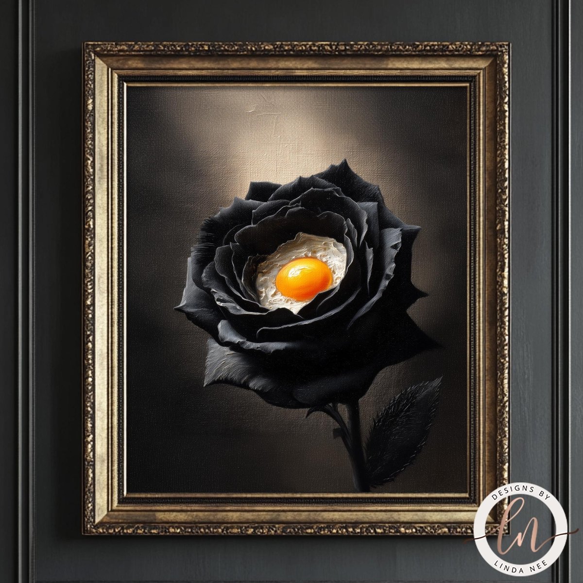 A framed image of a black rose with an egg yolk in the center, creating a striking contrast between the dark rose petals and the bright yellow yolk.
