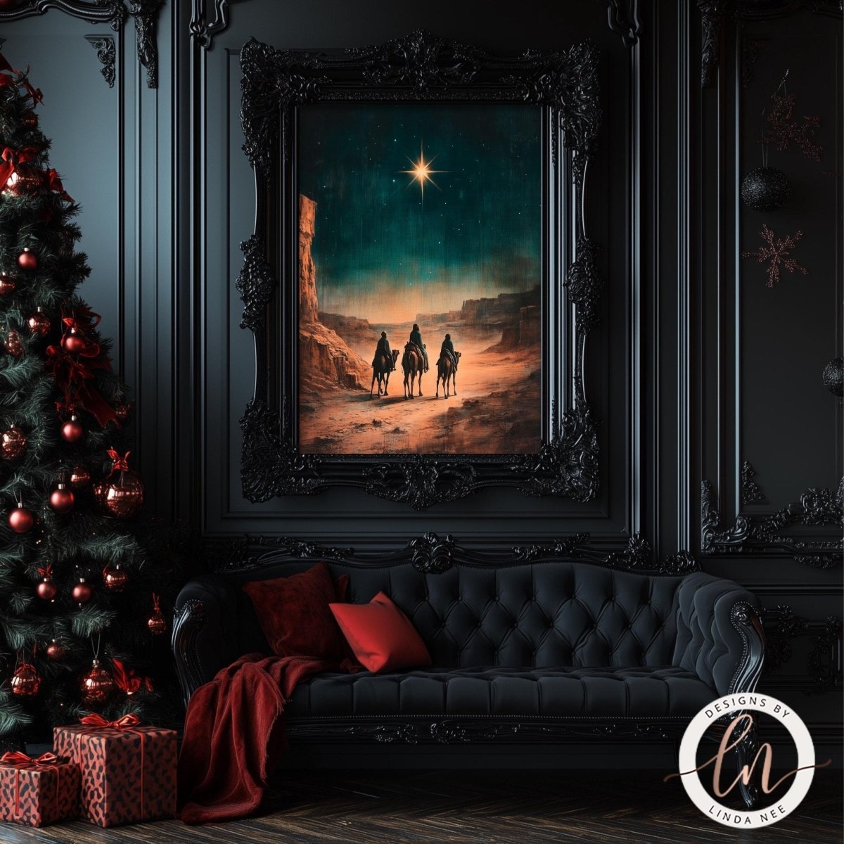 Three wise men artwork displayed in a living room with a plush couch