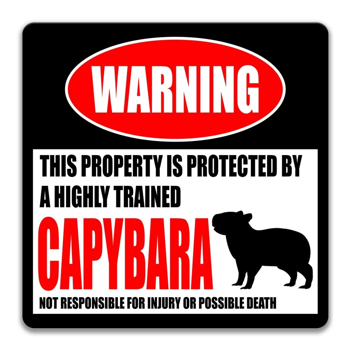 Capybara warning sign, red WARNING banner and large capybara silhouette, funny Capybara lover gift, aluminum with rounded corners