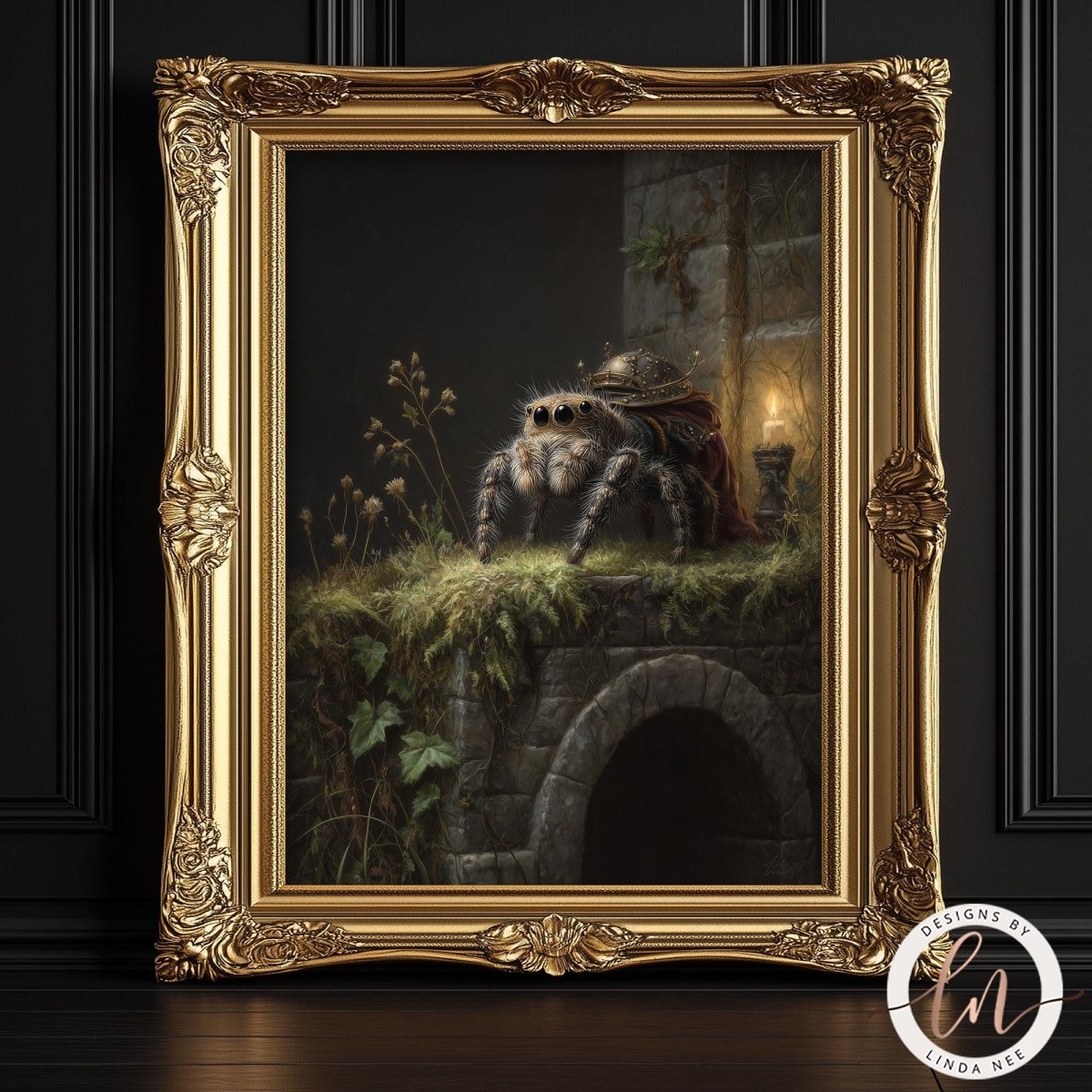 The image is a painting of a spider sitting on a stone ledge, with a stone archway and greenery in the background.