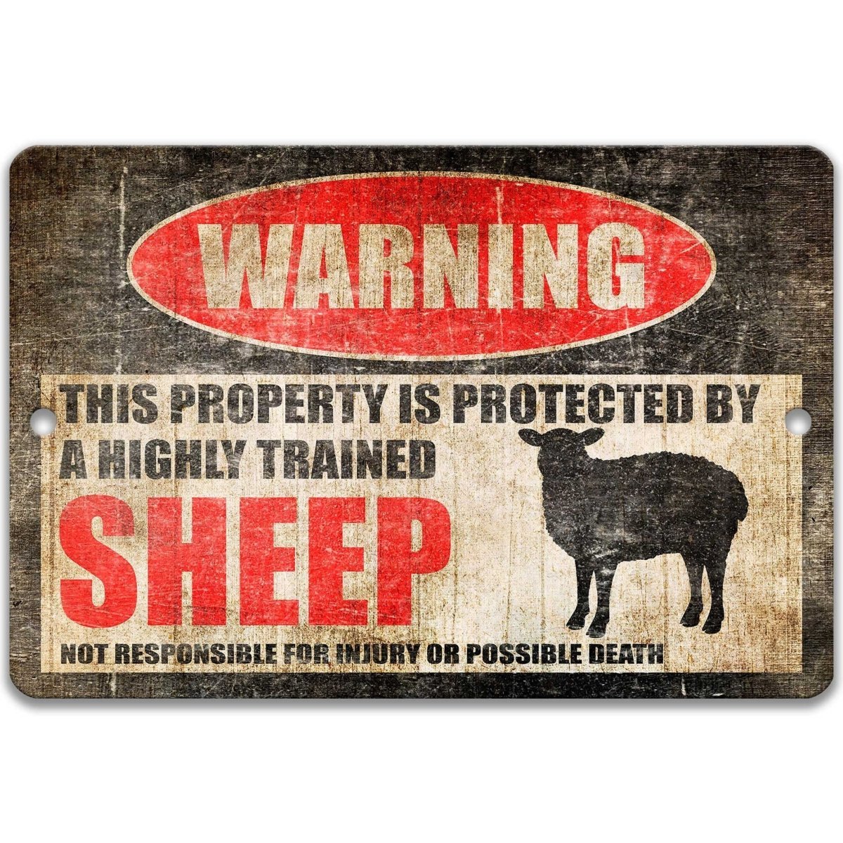 Sheep warning sign, red WARNING oval, this property is protected by a highly trained Sheep, with sheep silhouette