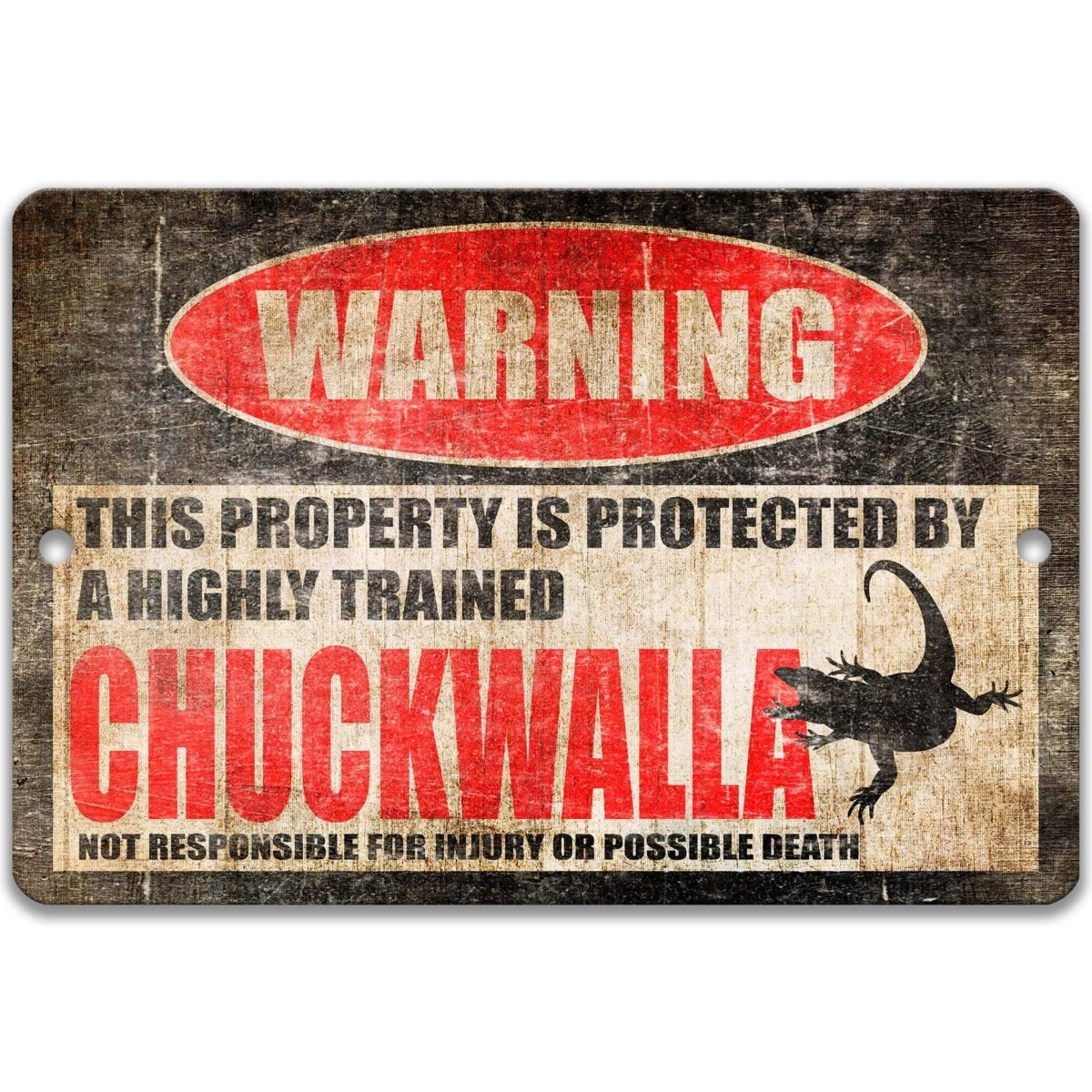 Charming chuckwalla warning sign, distressed metal, property protected by a highly trained chuckwalla, with stout desert lizard silhouette
