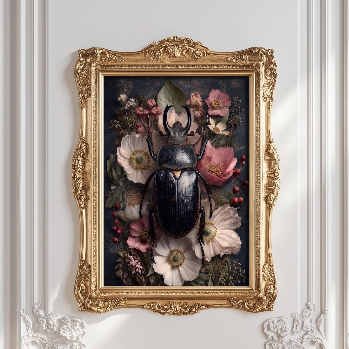 a large, dark-colored beetle surrounded by a variety of colorful flowers and foliage, all set within an ornate gold frame.