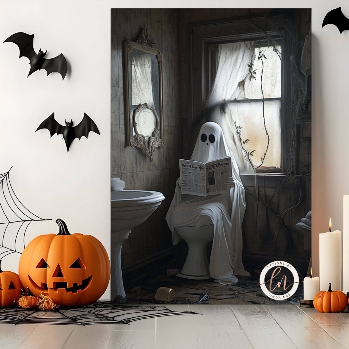 Funny bathroom ghost print shown in a Halloween styled room with a pumpkin