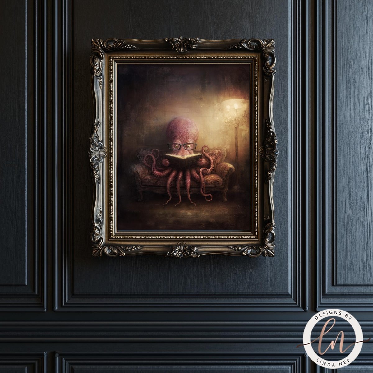 an octopus sitting on a chair and reading a book.