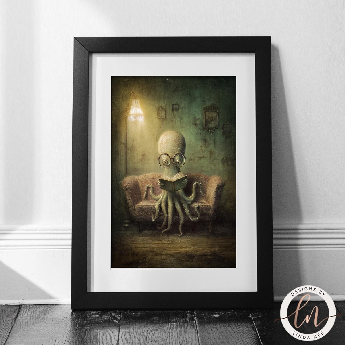 A framed painting depicting an octopus sitting on a couch, reading a book.