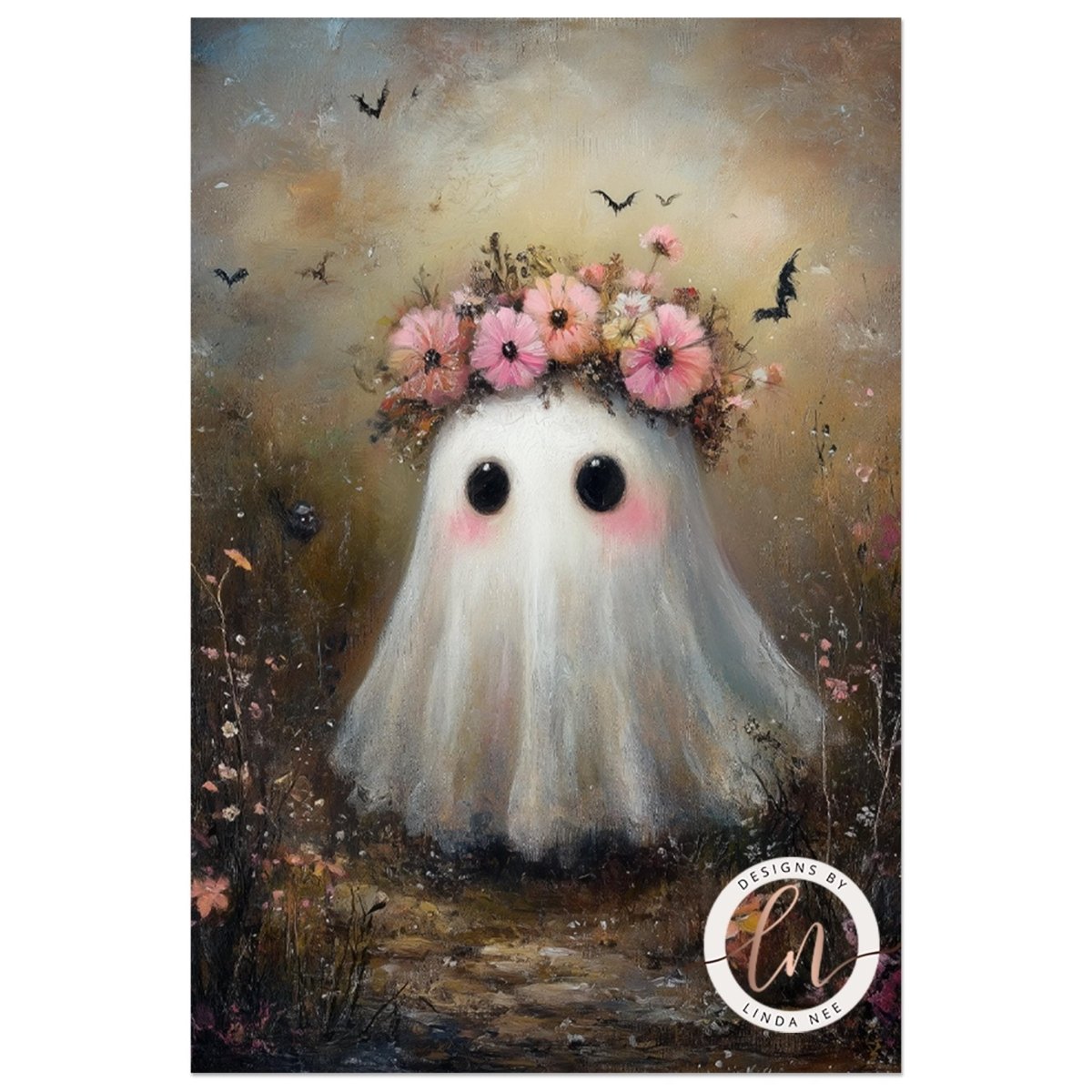 Whimsical ghost with floral wreath surrounded by garden foliage