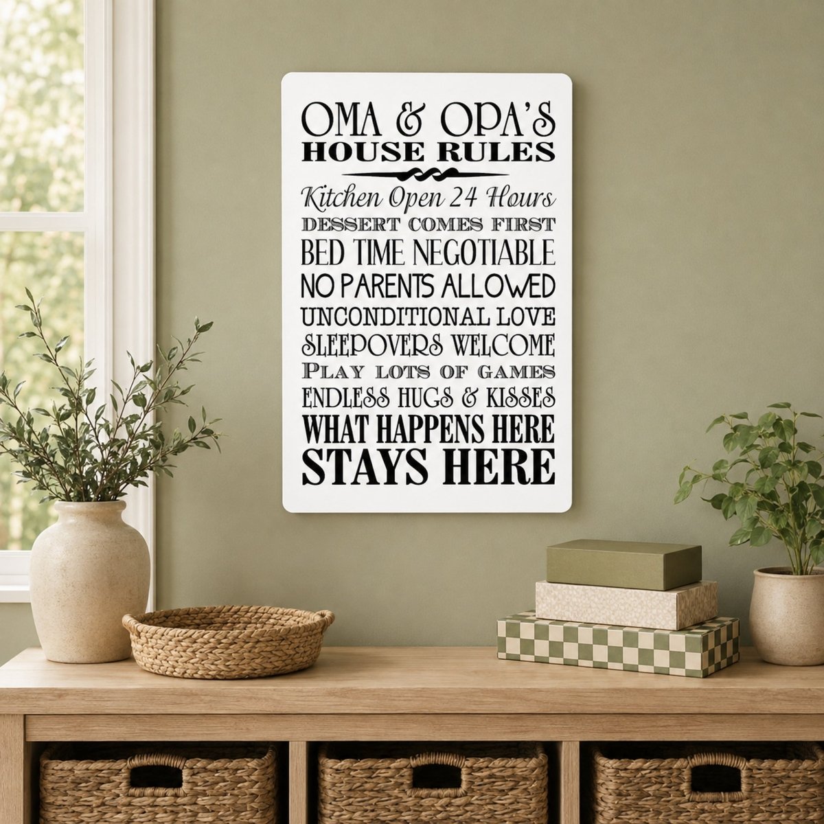 a wall sign that outlines the rules of a house, including details about the kitchen, dessert, bedtime, and other aspects of the living space.