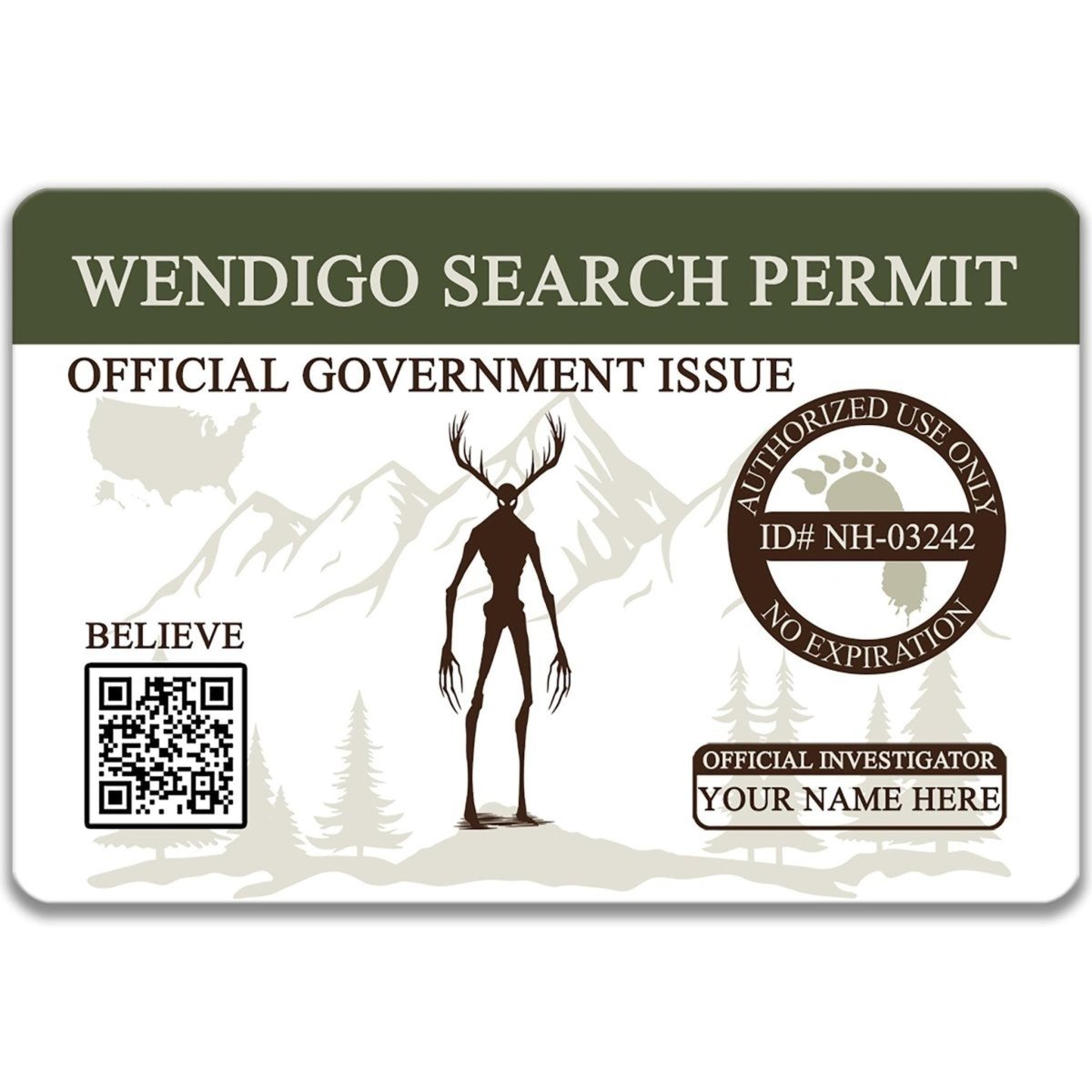 The image is a search permit for Wendigo, a mythical creature, with a QR code and a mountain landscape.