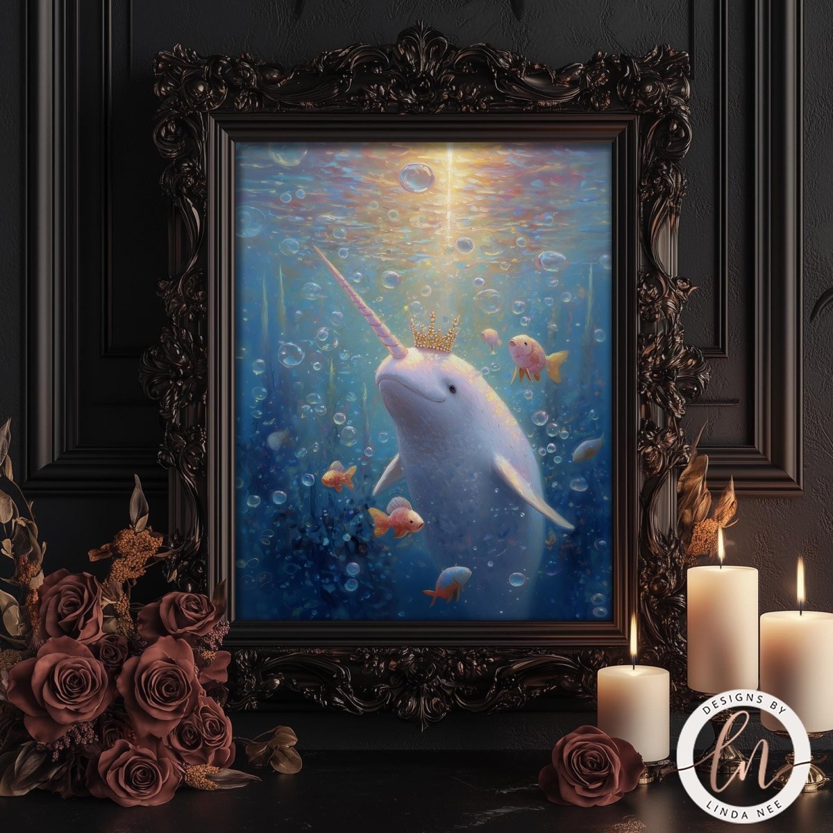 a framed painting of a unicorn with a long horn, surrounded by bubbles and fish, set against a dark background.