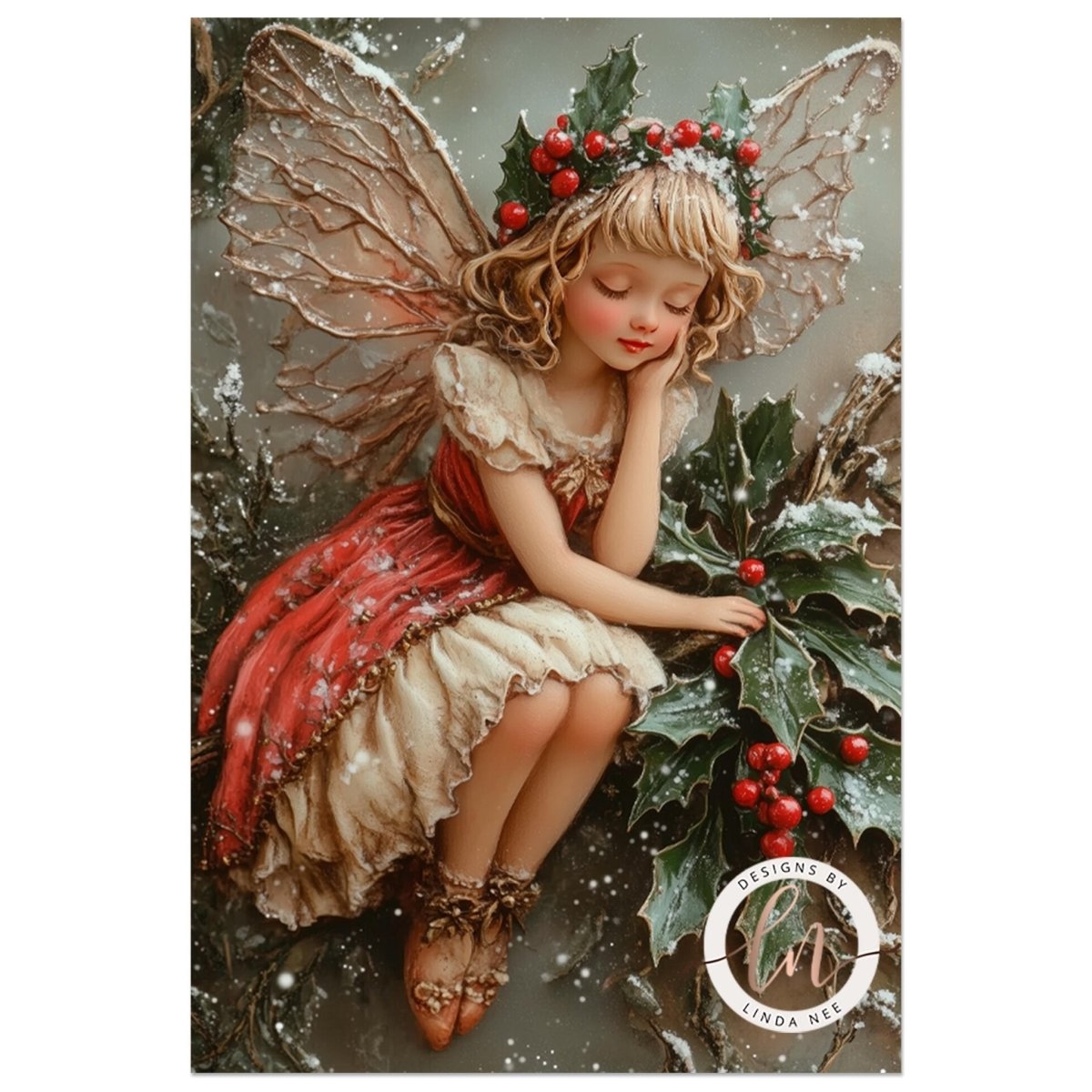 Fairy wall art of a winged fairy holding holly berries on a snowy branch