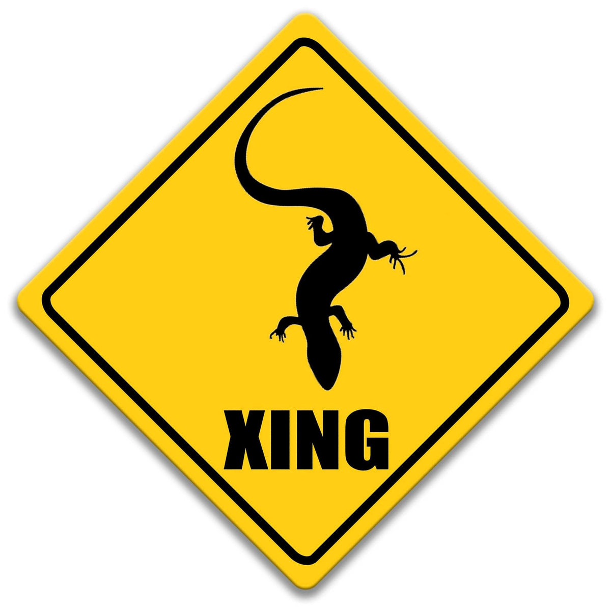 A yellow diamond-shaped road sign with a black silhouette of a lizard and the word "XING" below it.