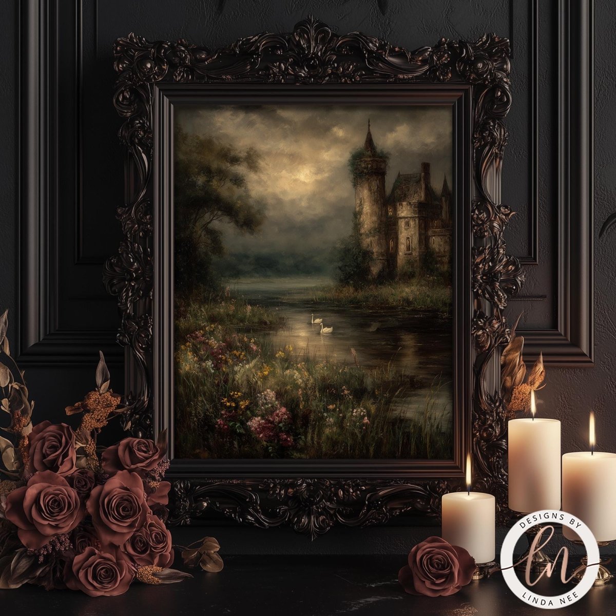 a painting of a castle surrounded by a lush landscape, with a body of water and flowers in the foreground. The painting is framed in an ornate wooden frame and is displayed on a dark surface. There are three lit candles in the foreground, and a bouquet of roses can be seen nearby.