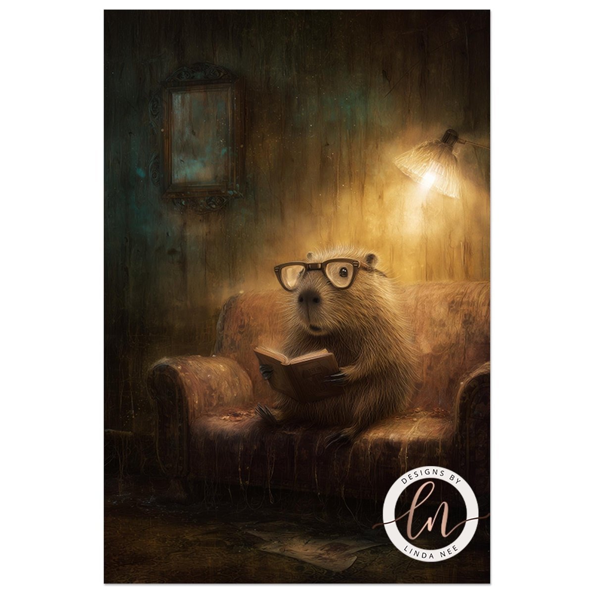 A beaver wearing glasses is sitting on a couch, reading a book in a dimly lit room with a lamp and a mirror on the wall.