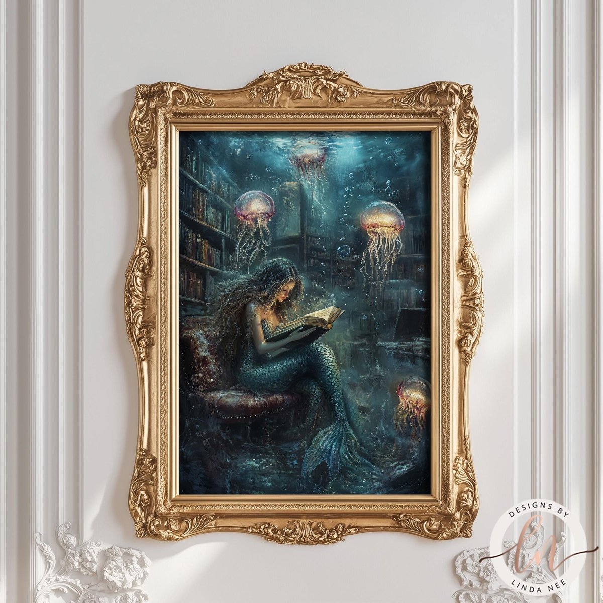 A mermaid is sitting in a chair and reading a book, surrounded by jellyfish and a bookshelf in a fantastical underwater scene.