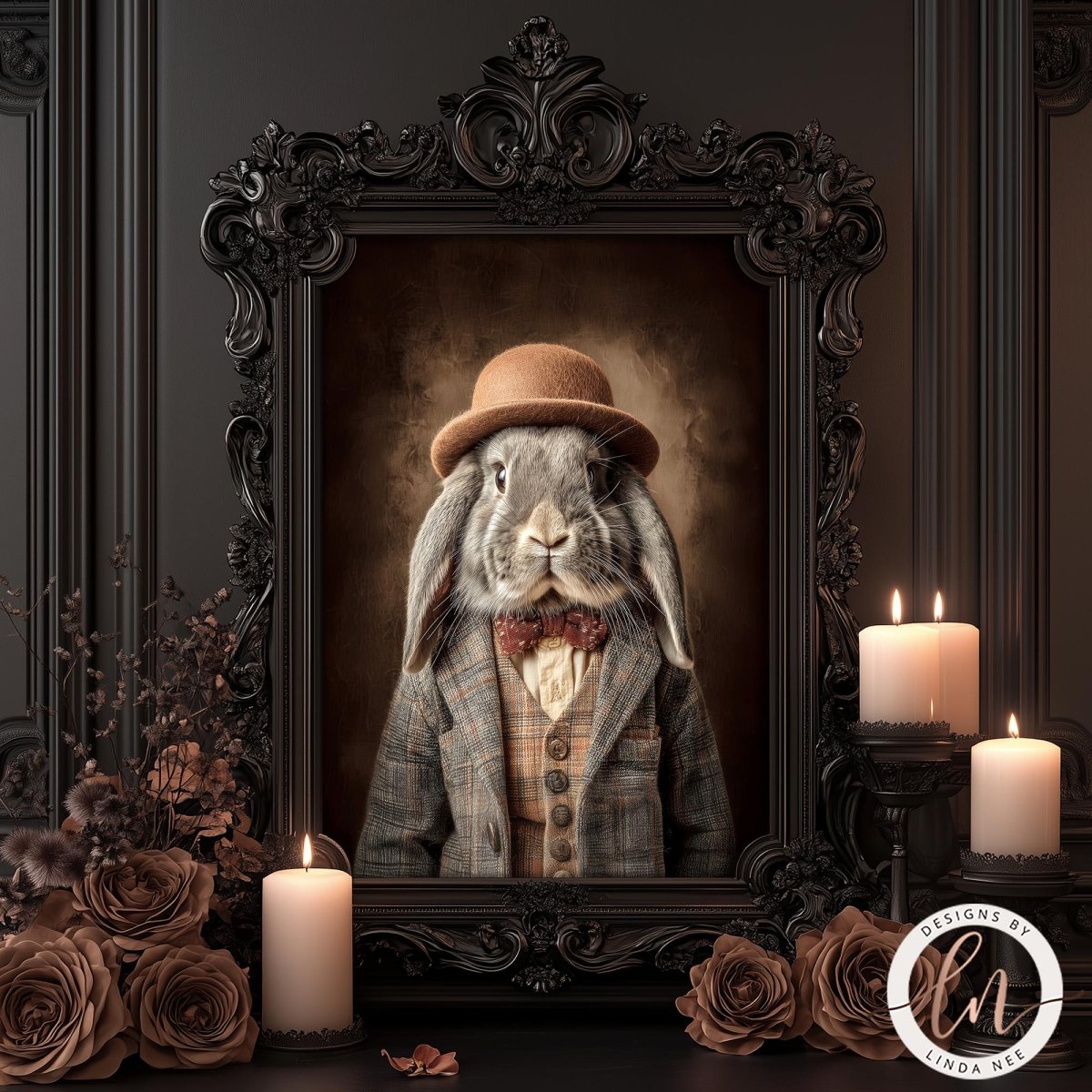A portrait of a rabbit wearing a hat and coat, with a dark, ornate frame surrounding it. The rabbit is looking directly at the camera. The background includes candles and floral arrangements.