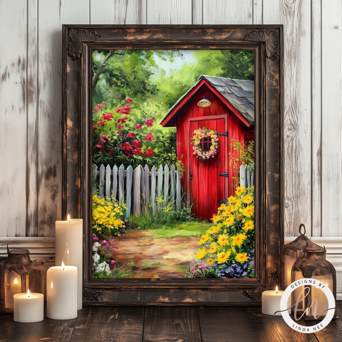 Red shed with wreath behind a white picket fence and garden gate