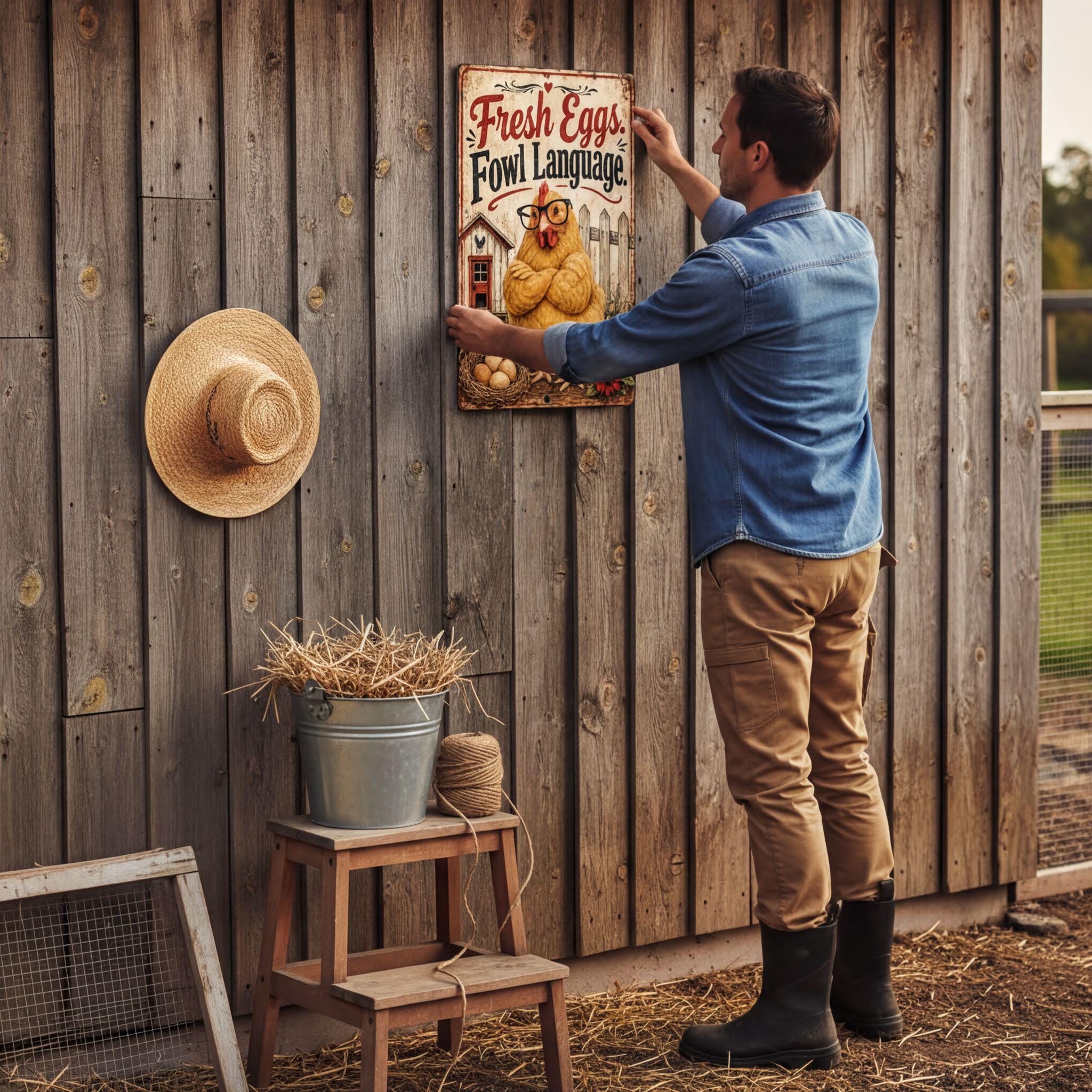 A man hangs a vintage sign on a wooden wall, surrounded by farm-related items such as a bucket of hay, a straw hat, and a wooden stool.
