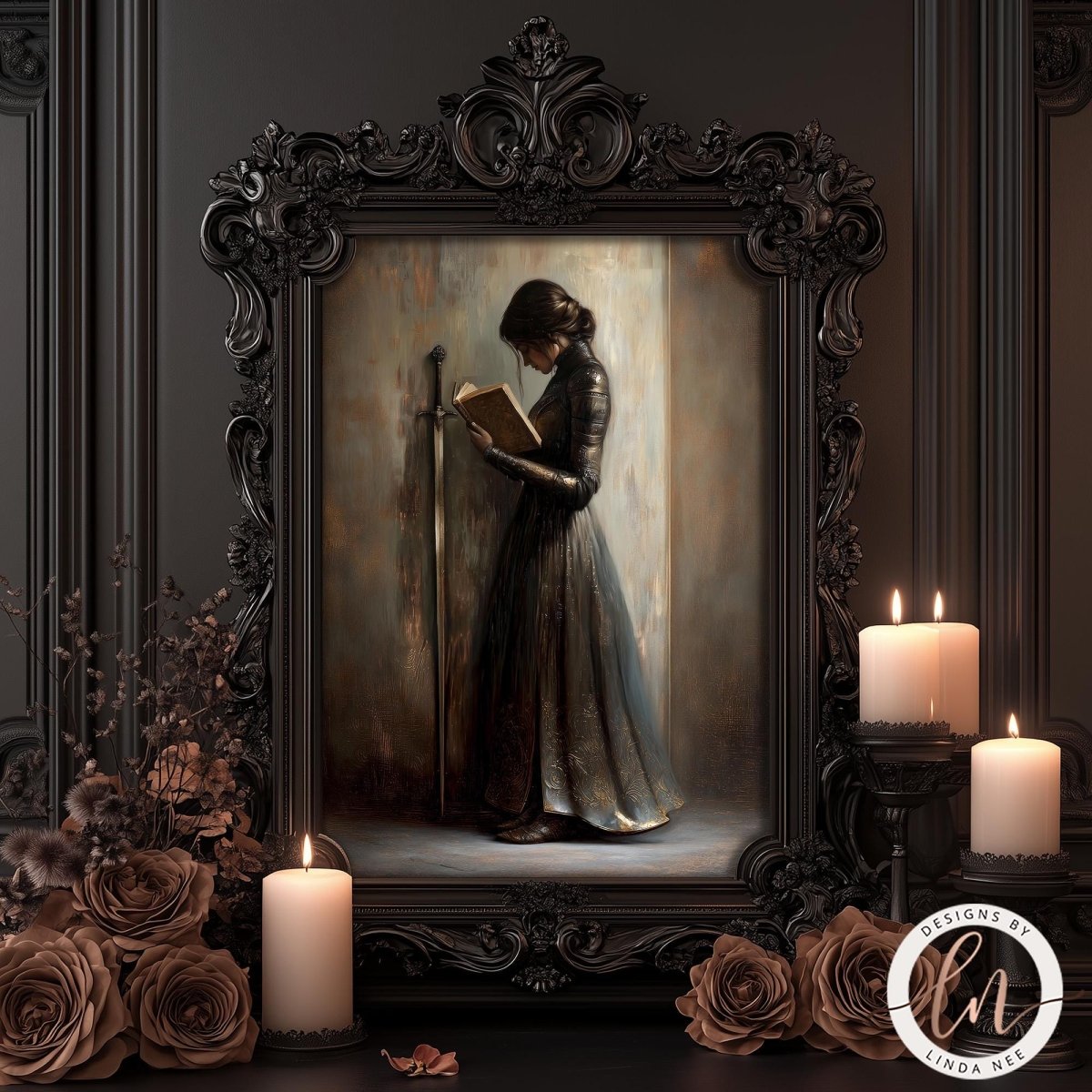a woman in a long dress holding a book, standing in a dark room with a large ornate frame surrounding her. There are lit candles and some flowers in the foreground, creating a serene and elegant atmosphere.