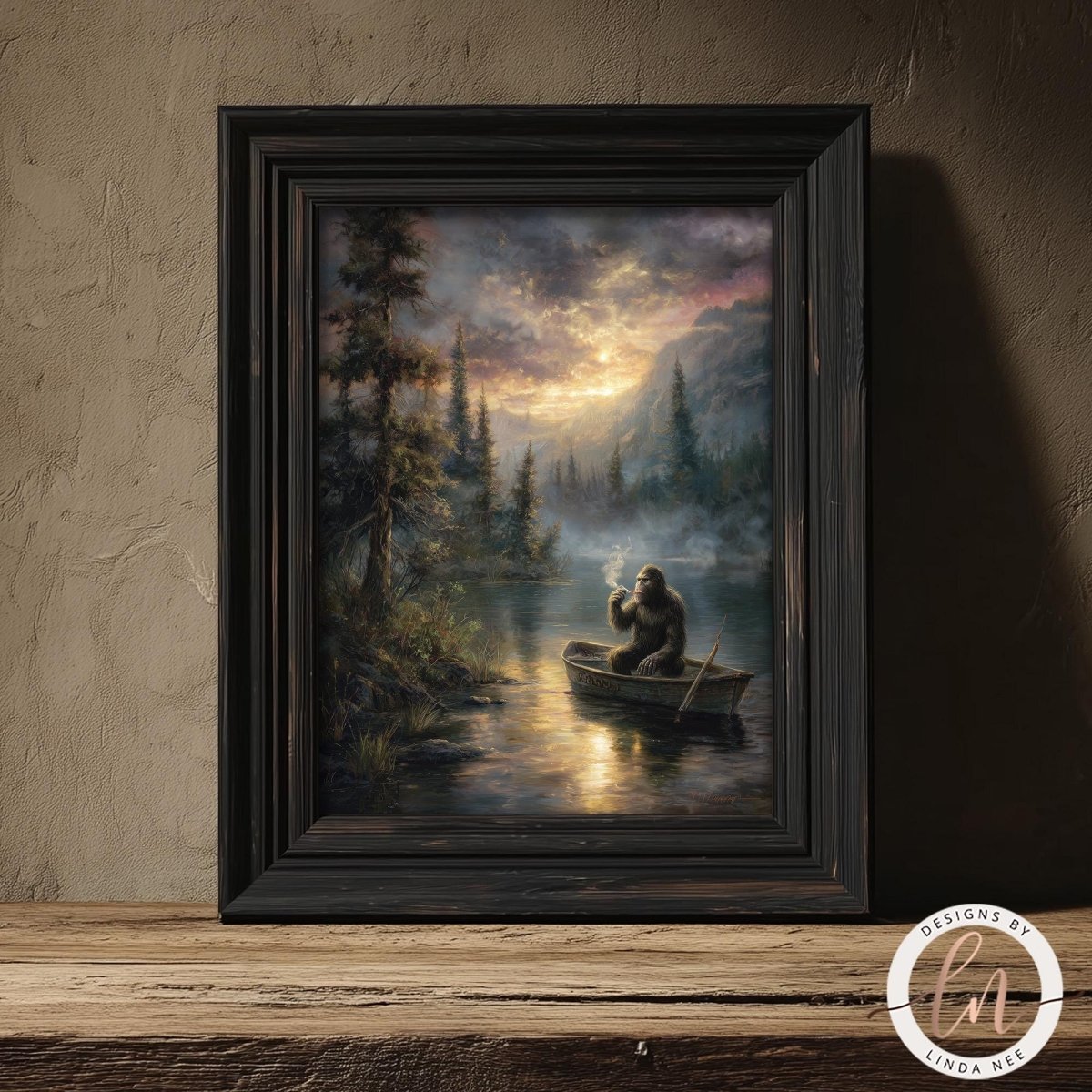 A framed painting depicting a person in a boat on a lake, surrounded by trees and a sunset sky.