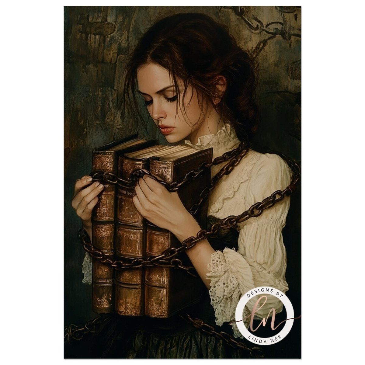 Woman holding leather bound books with chains around her wrists