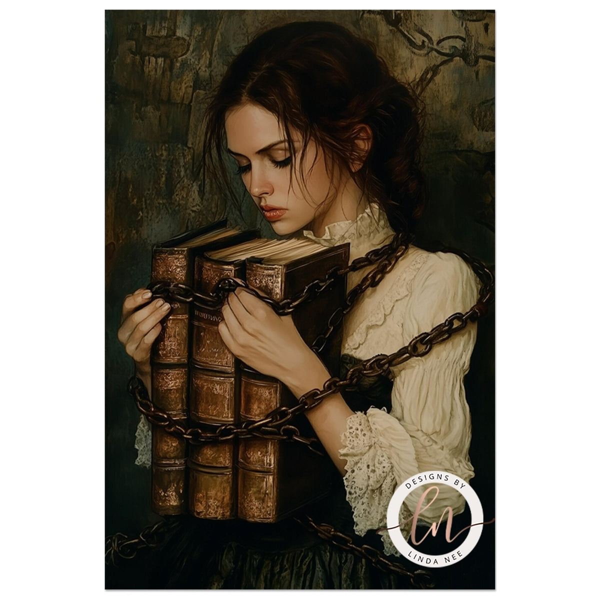 A woman in a white lace dress is holding a stack of old, leather-bound books, with chains wrapped around her neck.