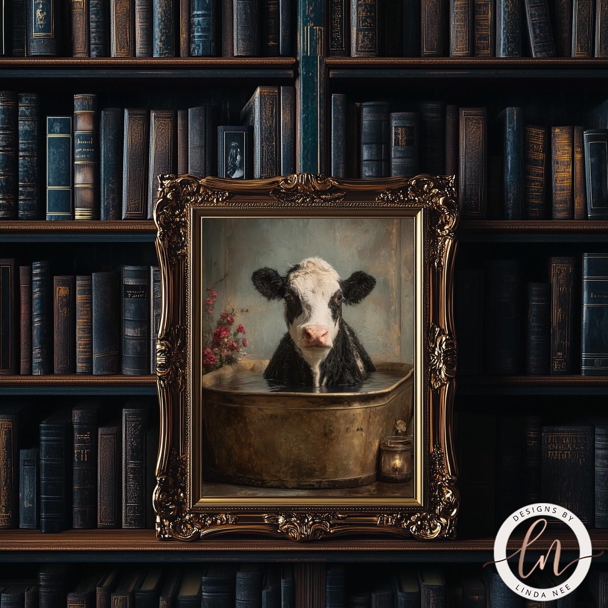 A framed painting of a cow sitting in a bathtub is displayed on a bookshelf filled with books.