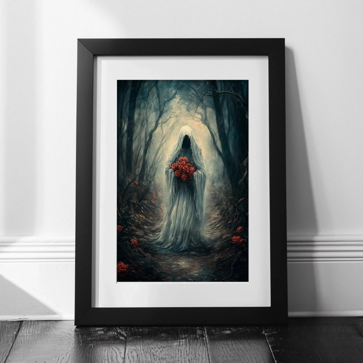 The image is a framed artwork depicting a mysterious, ghostly figure standing in a dark, misty forest.