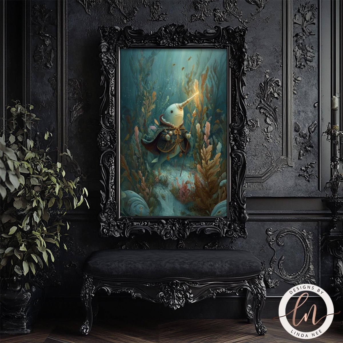 a large, ornate black frame with a painting of a fish swimming in a blue underwater scene. The painting is displayed on a wall, and there is a black bench in front of it.