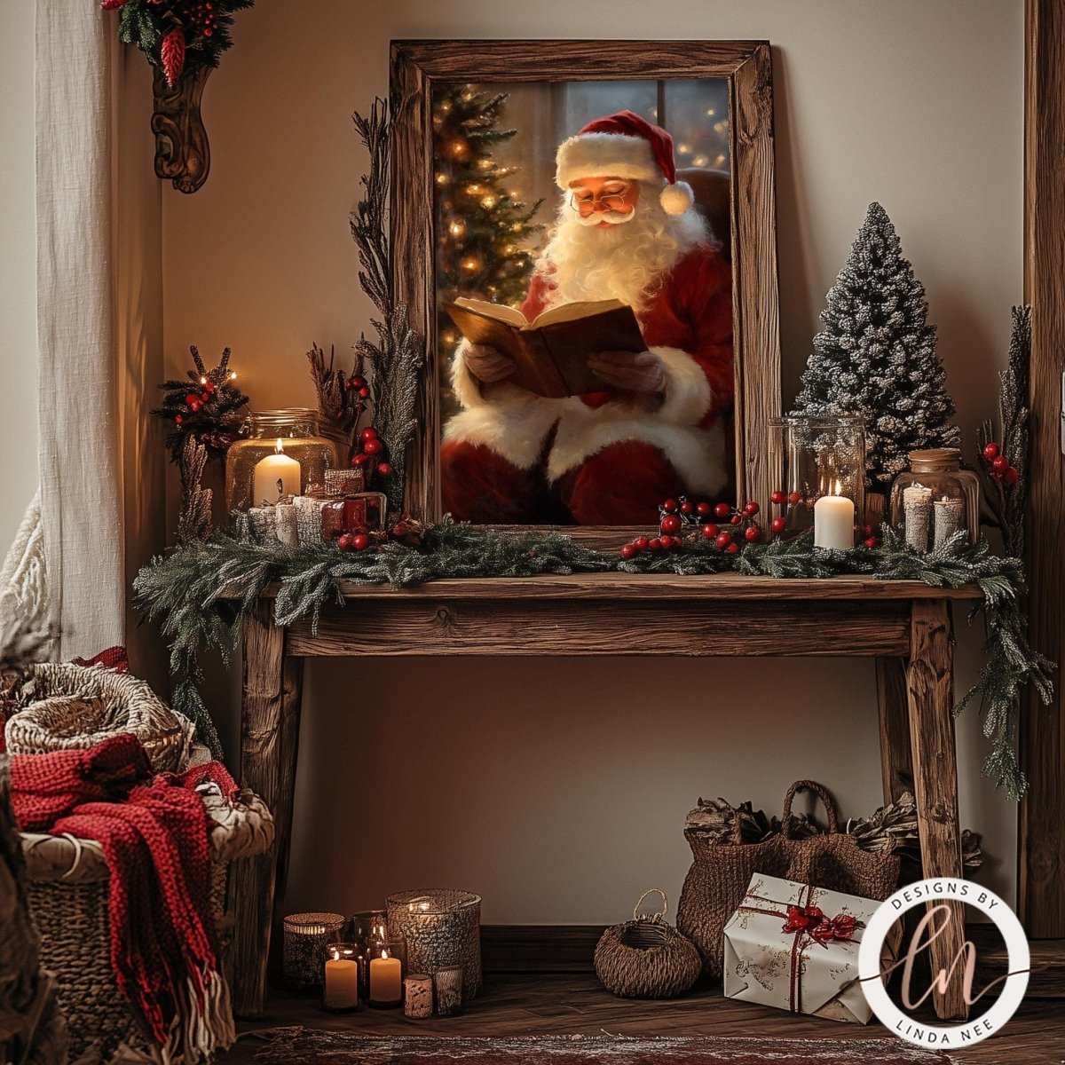 Santa reading a book artwork shown on a wooden table with holiday decorations