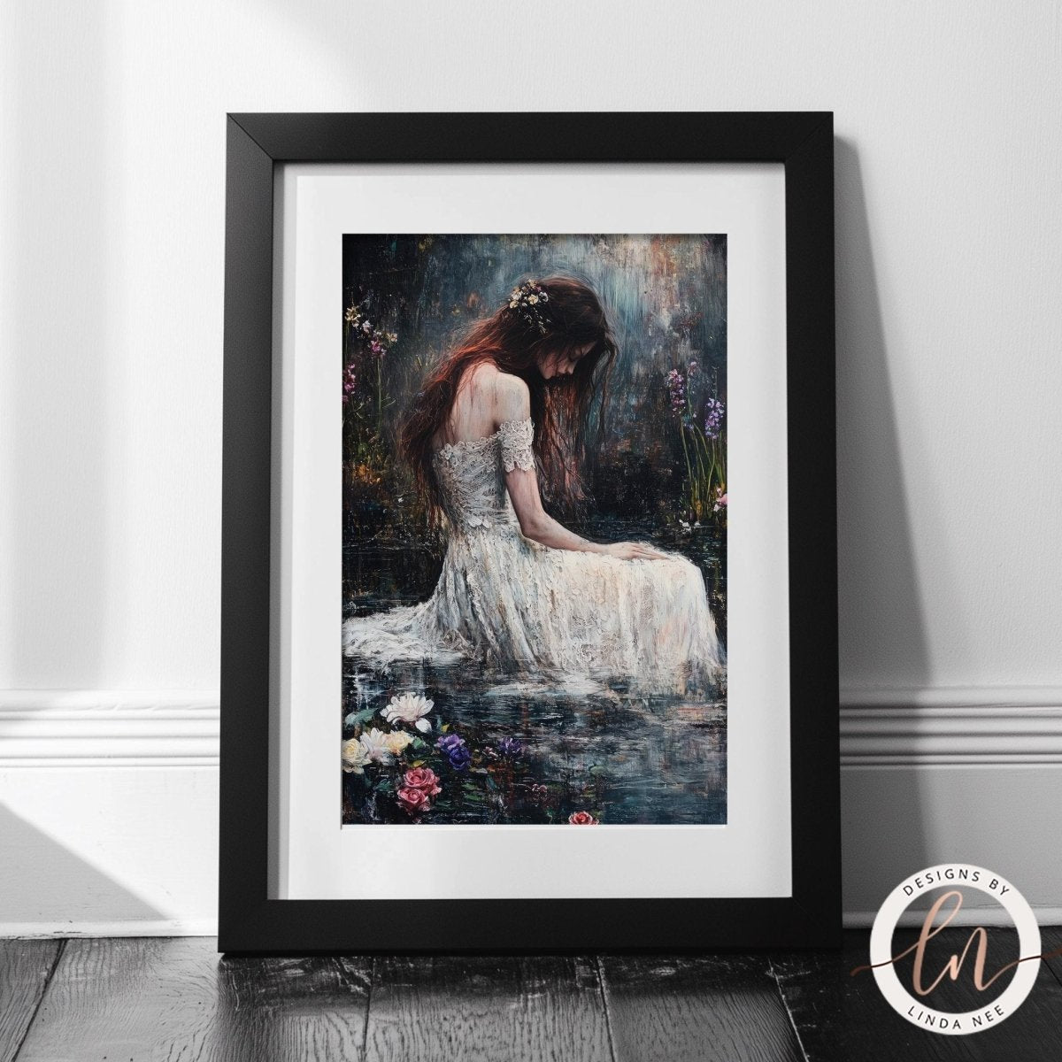 Woman in a flower pond print displayed in an ornate dark frame
