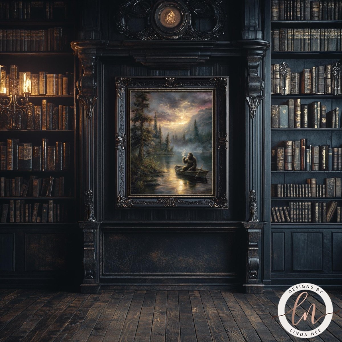a dark, ornate room with a large painting of Bigfoot in a boat on the wall. The room is filled with bookshelves, creating a cozy and intellectual atmosphere.