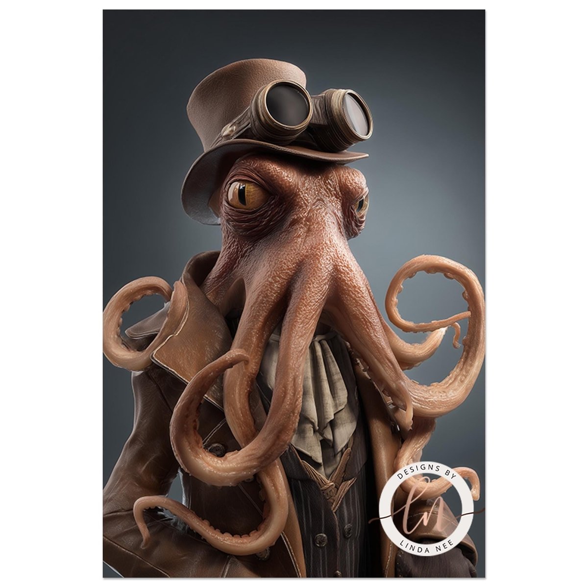 A close-up of an octopus wearing a top hat and goggles, with a serious expression on its face.