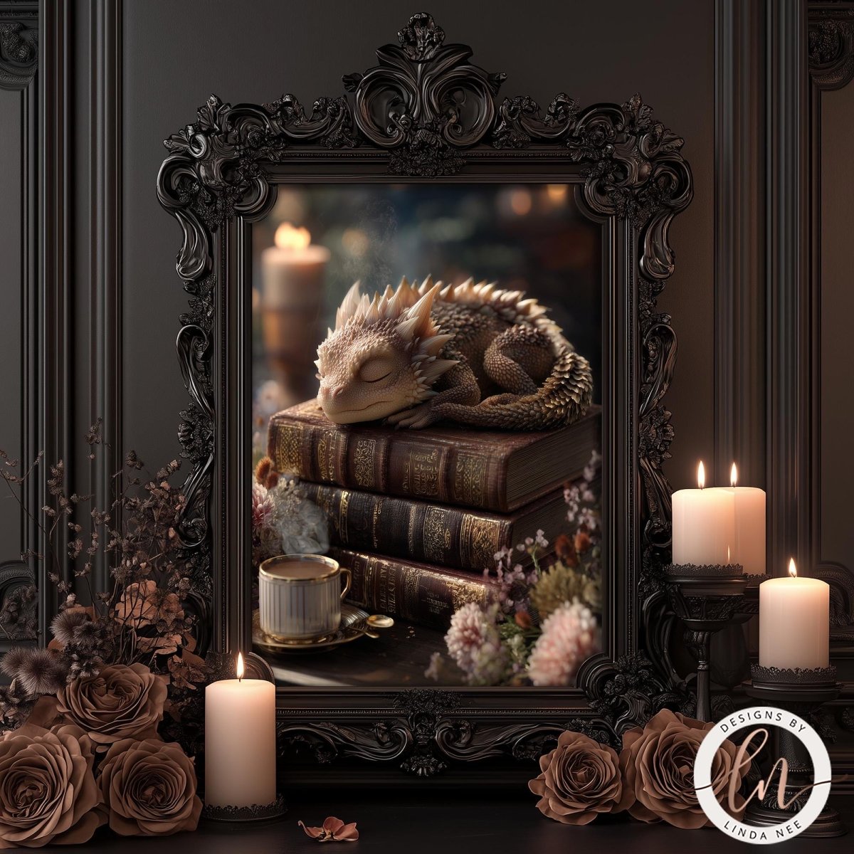A framed image of a sleeping dragon resting on a stack of books, surrounded by candles, flowers, and other decorative elements, creating a cozy and mystical atmosphere.